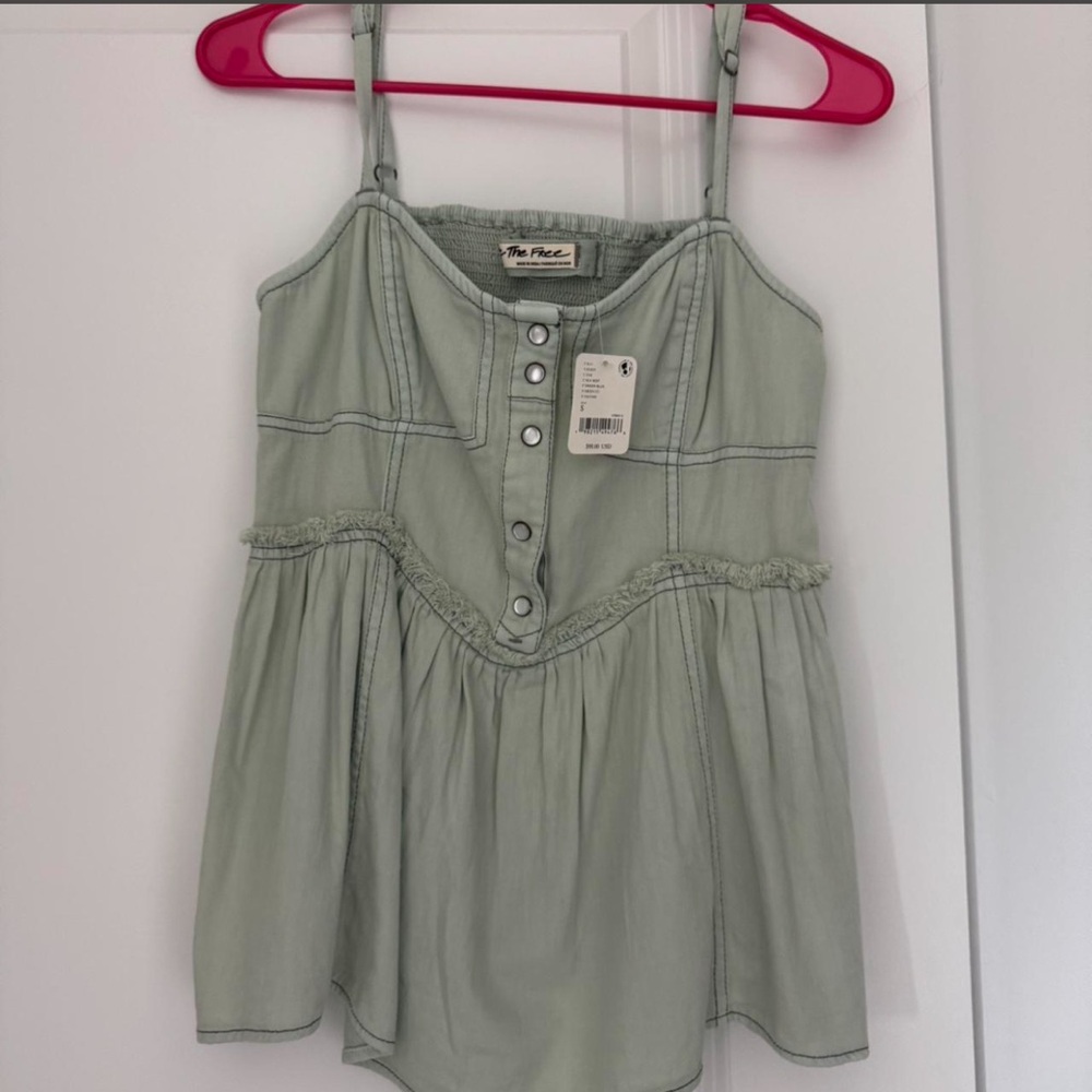 Free People Light Sage Button-Front Spaghetti Strap Tank